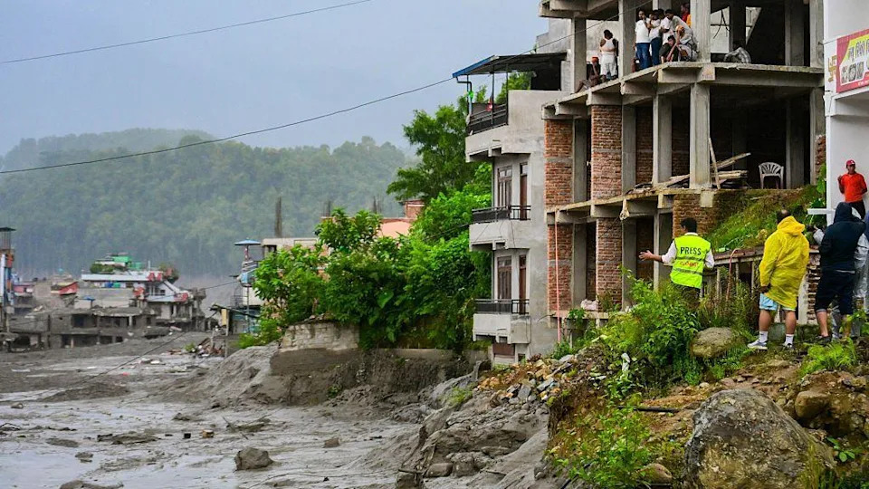 Floodwater and damaged buildings in Nepal